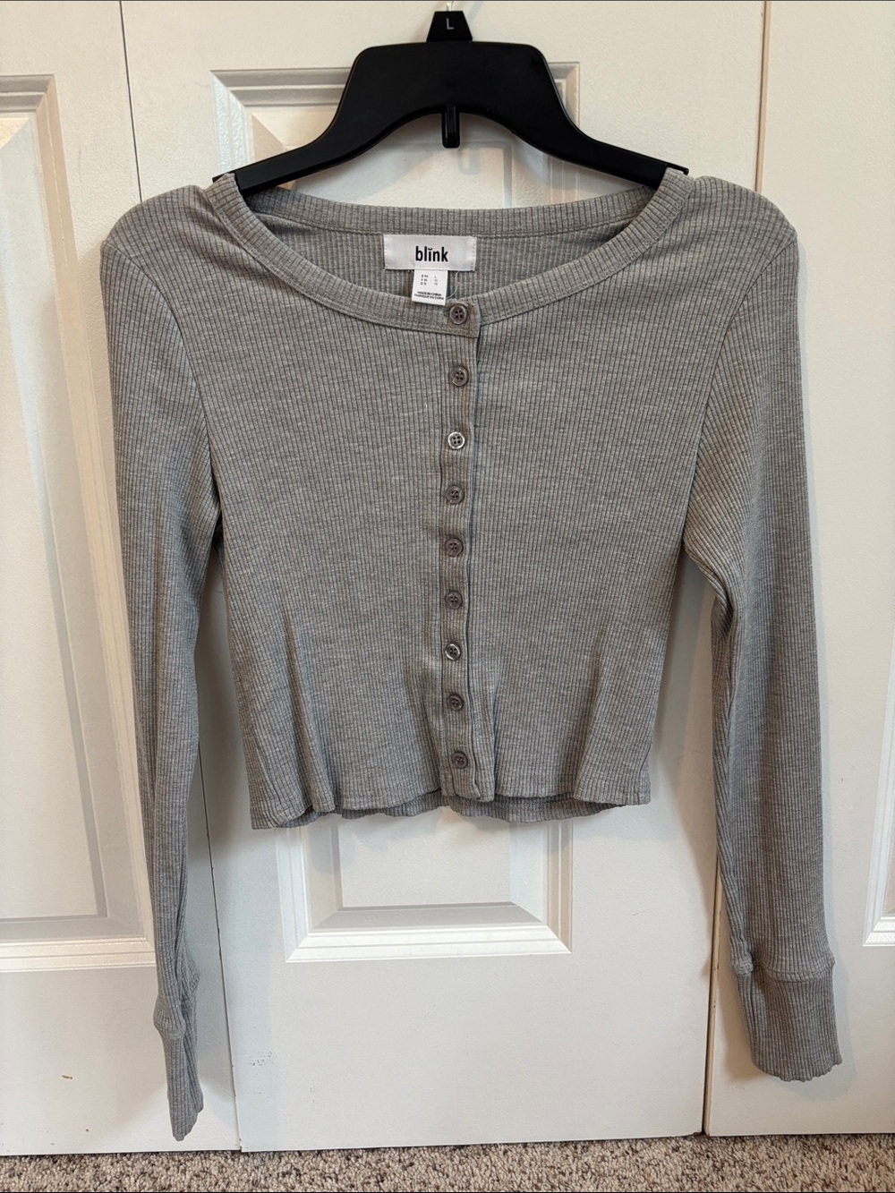 Blink Gray Ribbed Button-Front Long Sleeve Crop Top